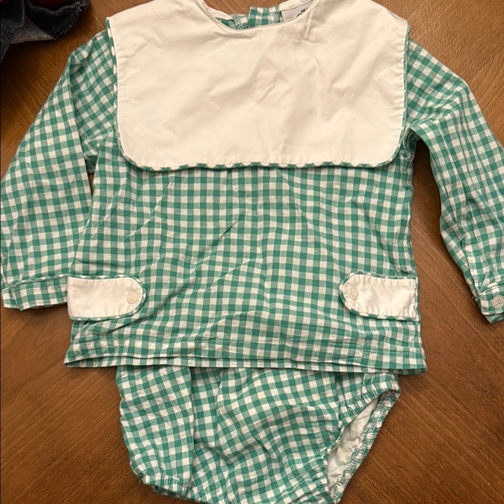 Green Checkered Baby Outfit with White Collar Diaper set GUC